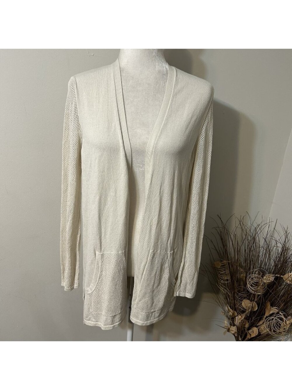 NWT Jones New York Women Beige Stretch Open Front Cardigan Sweater Crochet Sz M